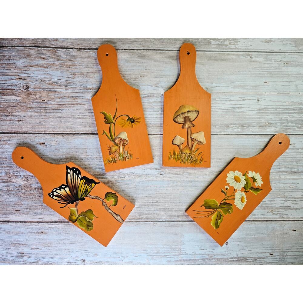 Original 1970s Signed Folk Art Kitchen Plaque Mushroom / Butterfly Set - signed